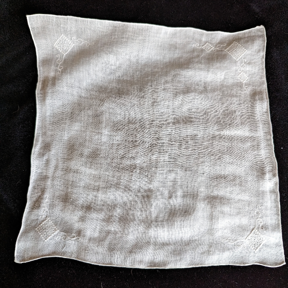 Vintage White Handkerchief with Squared White Embroidery Pattern in Each Corner